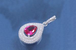 Pendent drop shape with red corund 925/- Silver rhodium polished